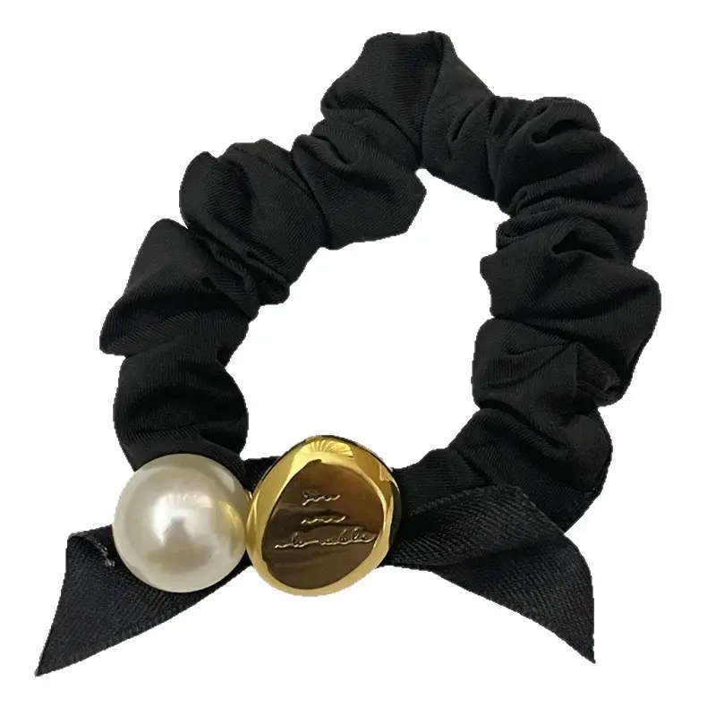 Black Pearl Hair Scrunchie with Gold Button - Image 7