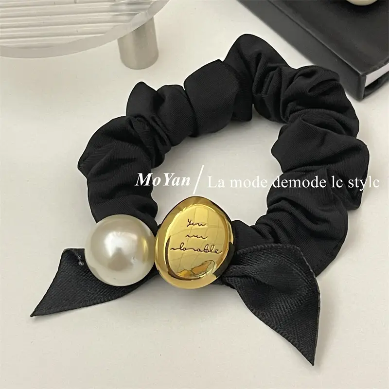 Black Pearl Hair Scrunchie with Gold Button — feature 11