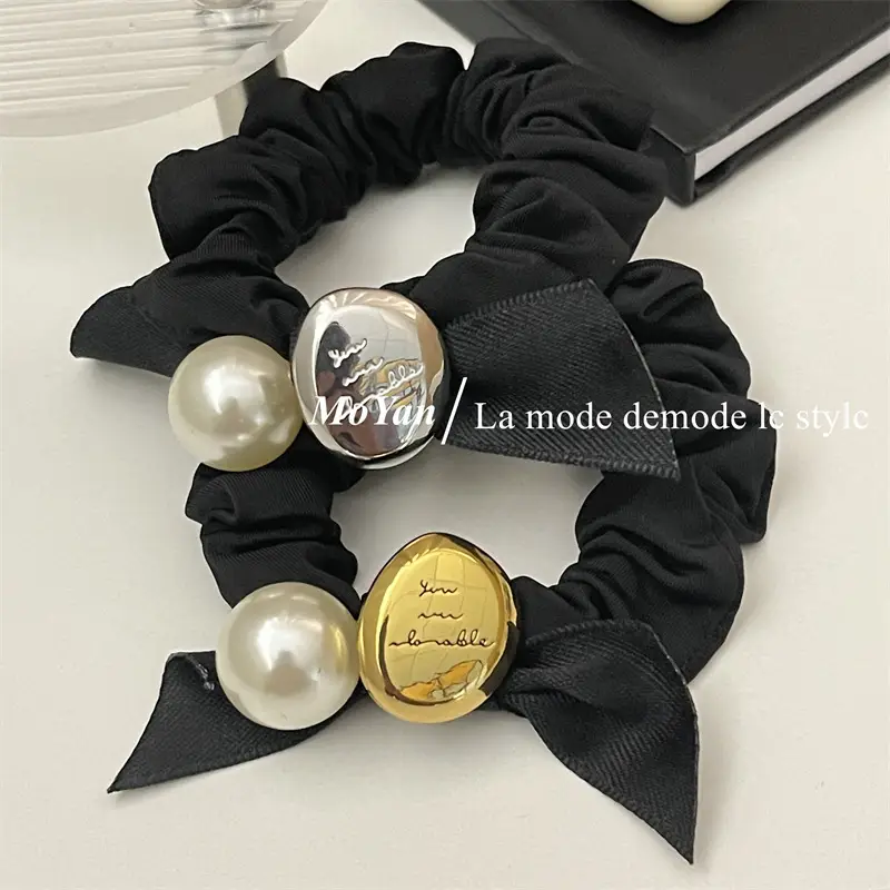 Black Pearl Hair Scrunchie with Gold Button — feature 12