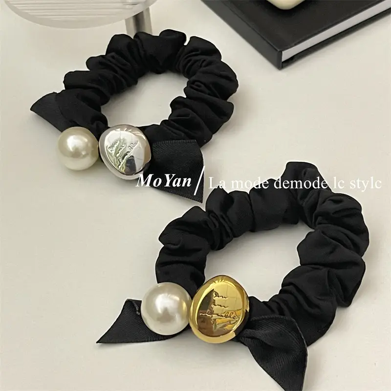 Black Pearl Hair Scrunchie with Gold Button — feature 13