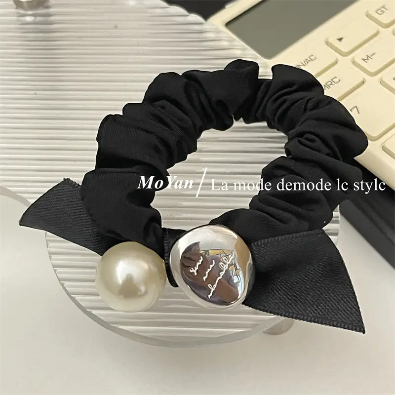 Black Pearl Hair Scrunchie with Gold Button — feature 14