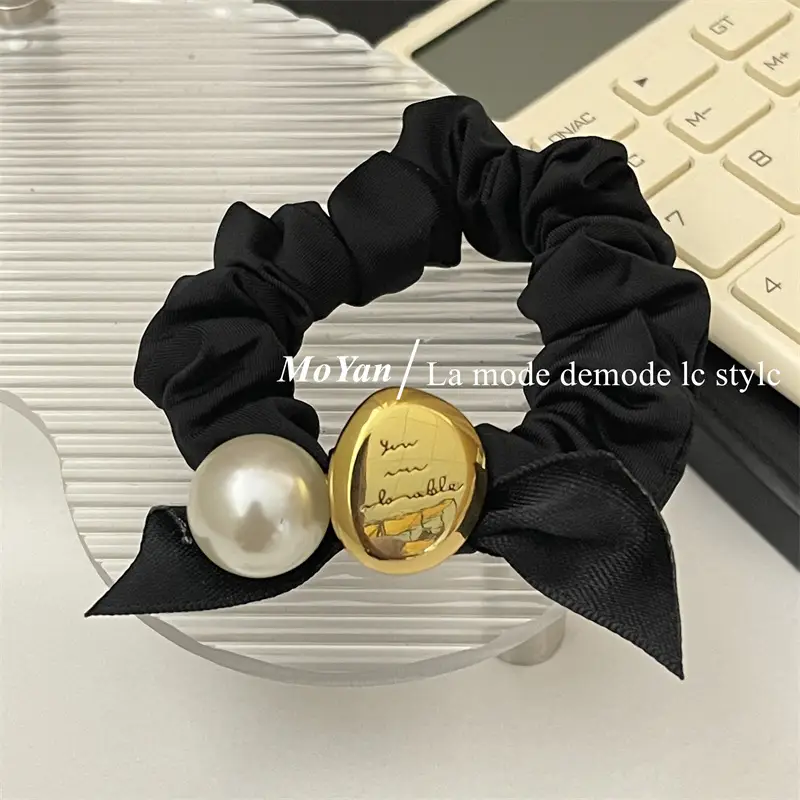 Black Pearl Hair Scrunchie with Gold Button — feature 15