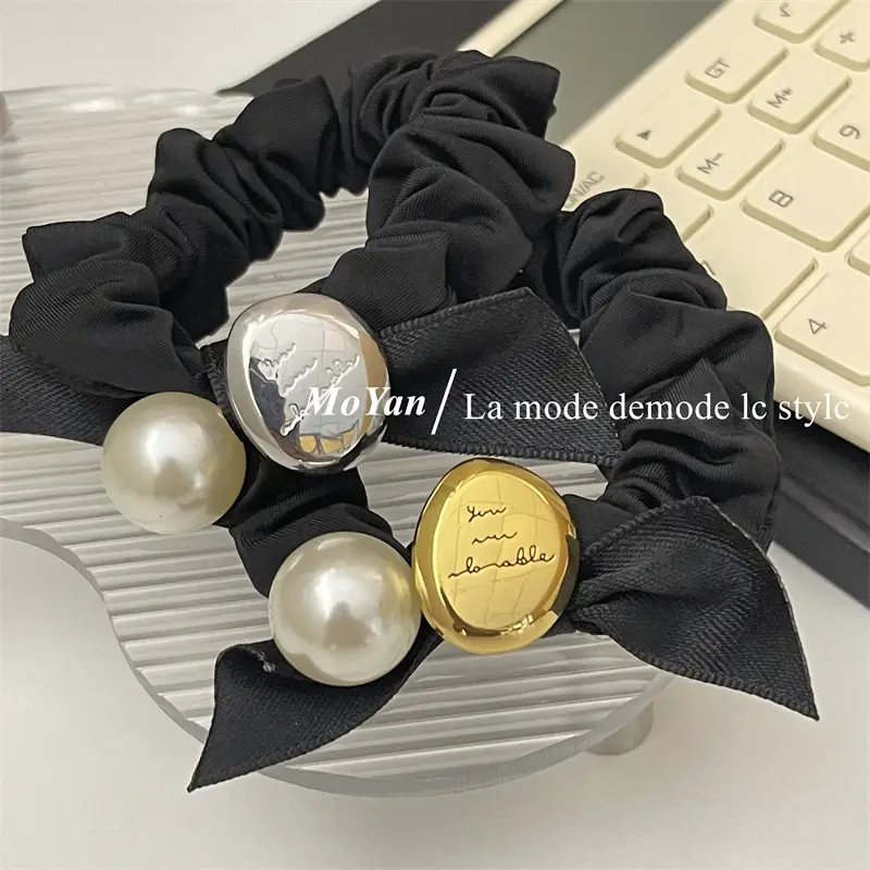 Black Pearl Hair Scrunchie with Gold Button — feature 16