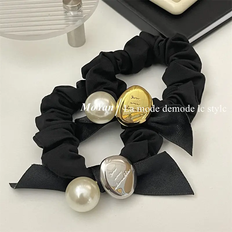 Black Pearl Hair Scrunchie with Gold Button — feature 17