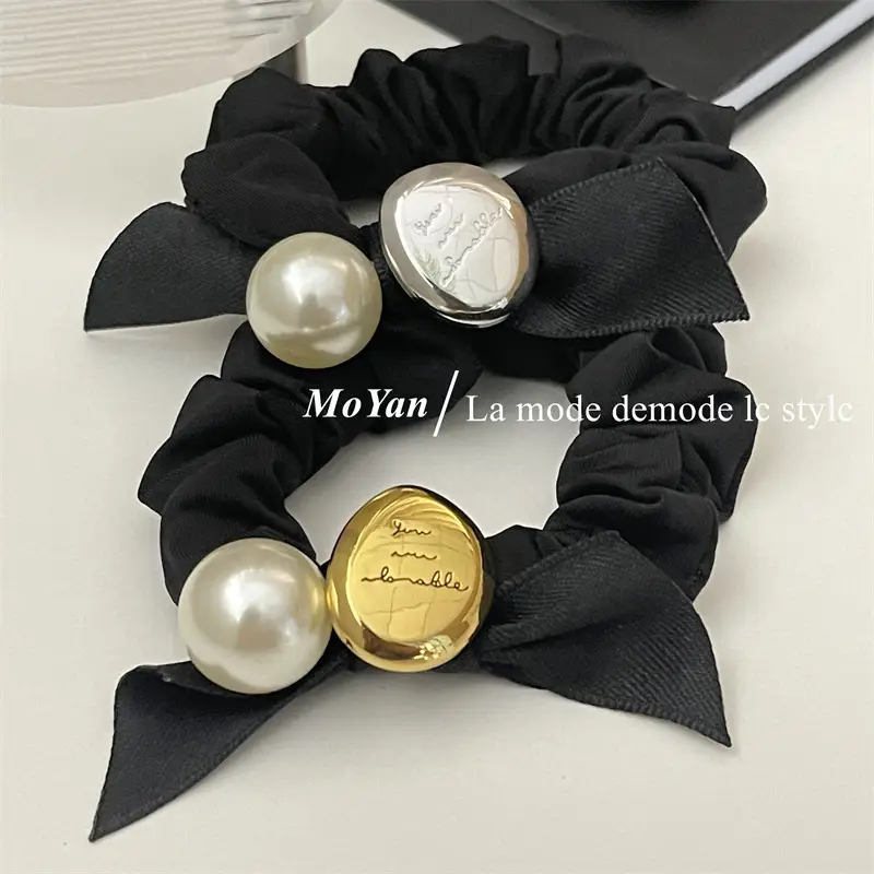 Black Pearl Hair Scrunchie with Gold Button — feature 18