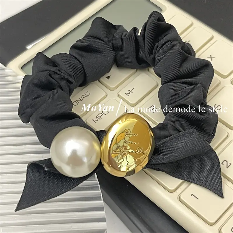 Black Pearl Hair Scrunchie with Gold Button — feature 19