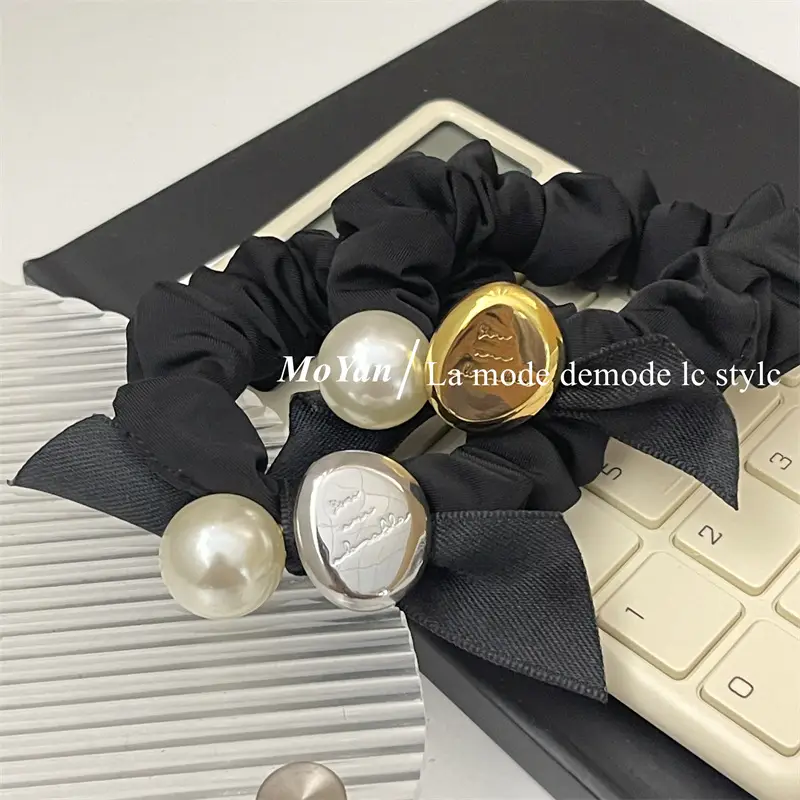 Black Pearl Hair Scrunchie with Gold Button — feature 21