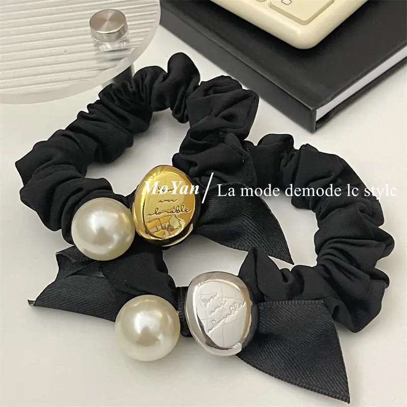 Black Pearl Hair Scrunchie with Gold Button — feature 22