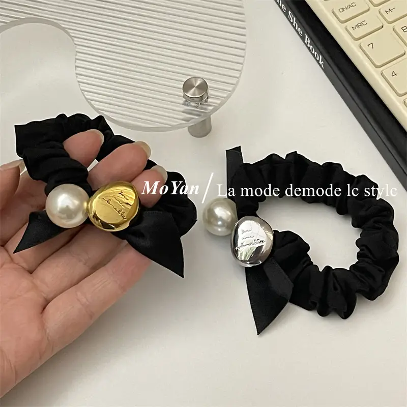 Black Pearl Hair Scrunchie with Gold Button — feature 3