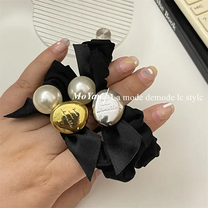 Black Pearl Hair Scrunchie with Gold Button — feature 5