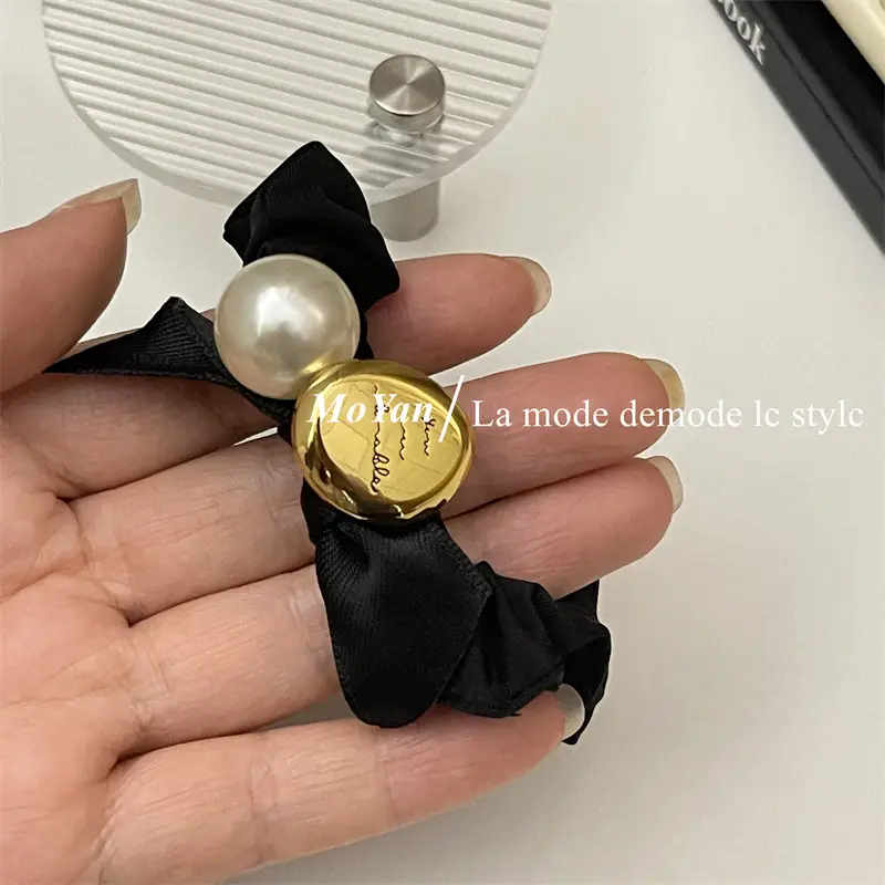 Black Pearl Hair Scrunchie with Gold Button — feature 6