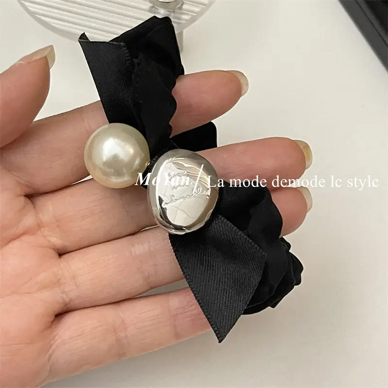 Black Pearl Hair Scrunchie with Gold Button — feature 7