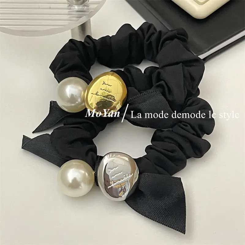 Black Pearl Hair Scrunchie with Gold Button — feature 8