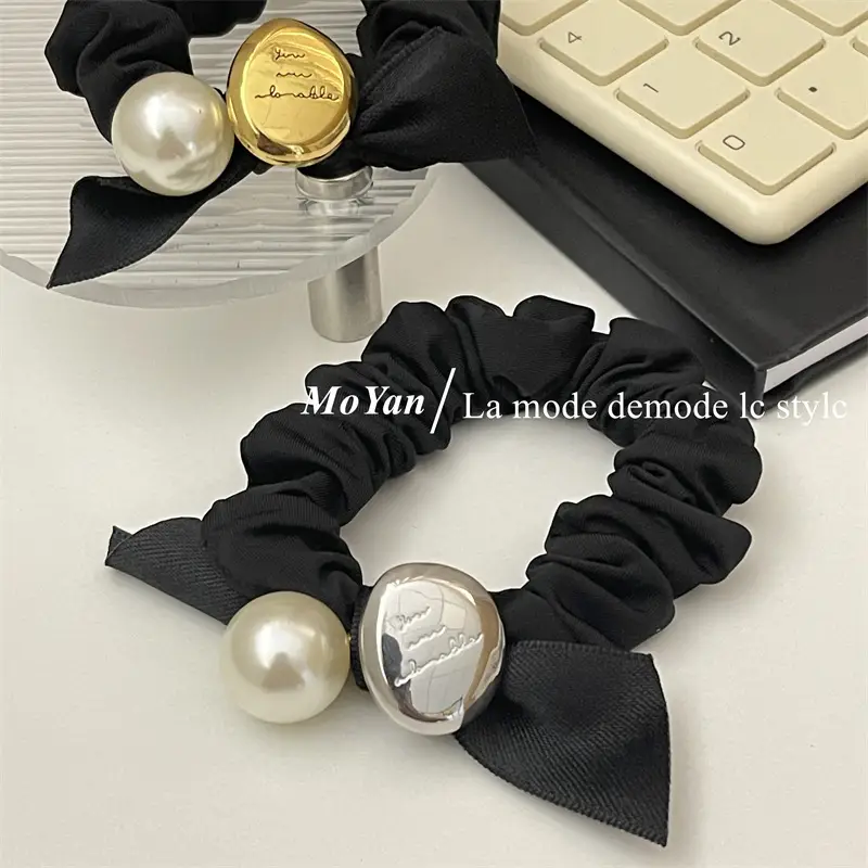 Black Pearl Hair Scrunchie with Gold Button — feature 9