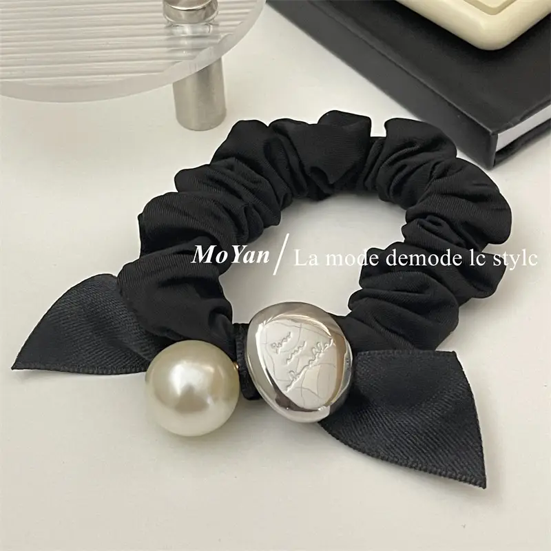 Black Pearl Hair Scrunchie with Gold Button - Image 2
