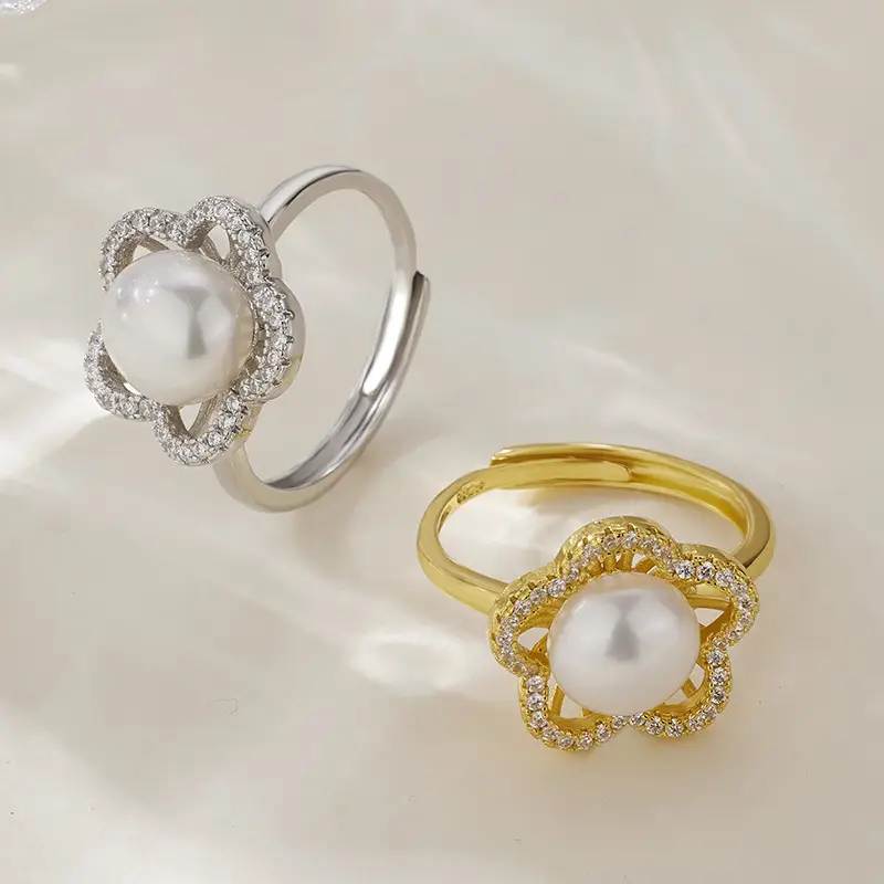 Adjustable Pearl Ring for Women with Plum Blossom Design