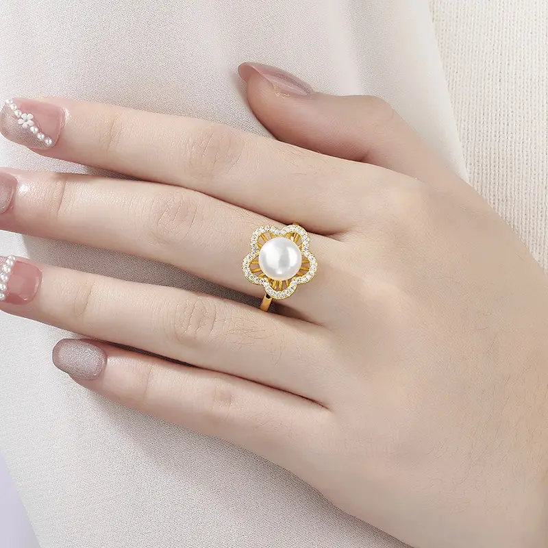 Adjustable Pearl Ring for Women with Plum Blossom Design