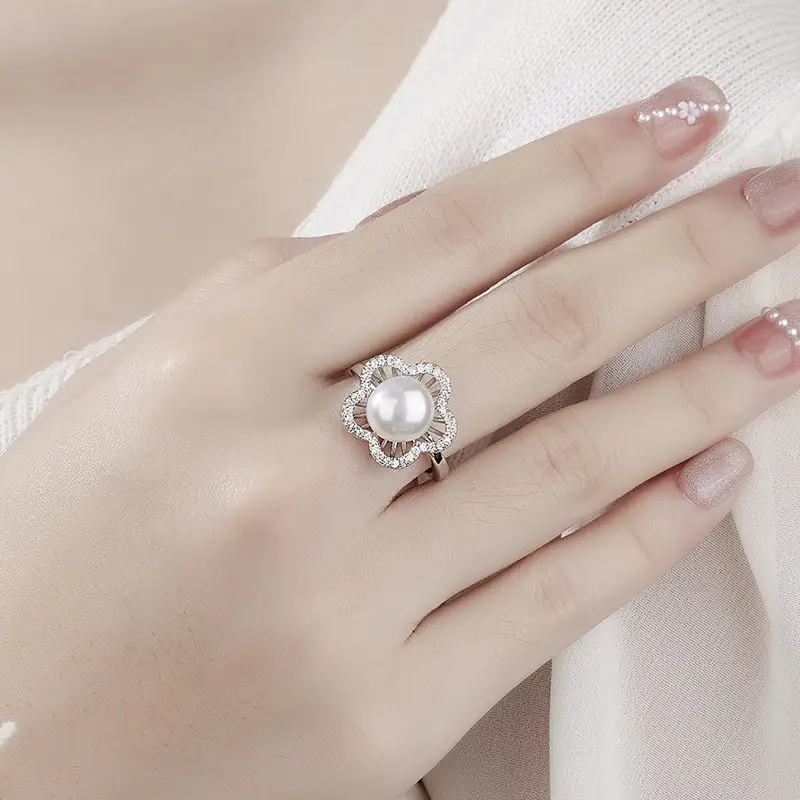 Adjustable Pearl Ring for Women with Plum Blossom Design