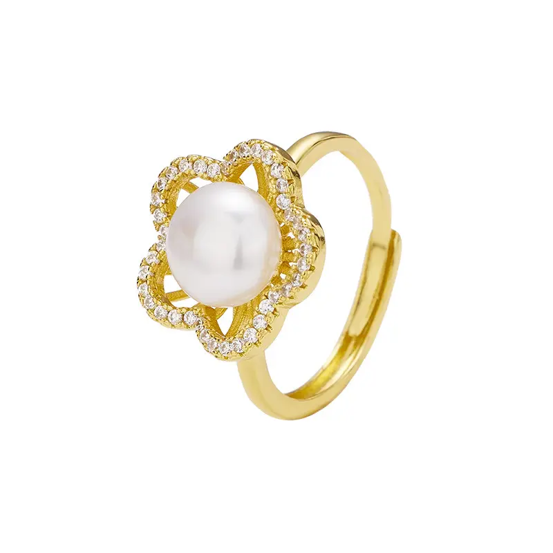 Adjustable Pearl Ring for Women with Plum Blossom Design