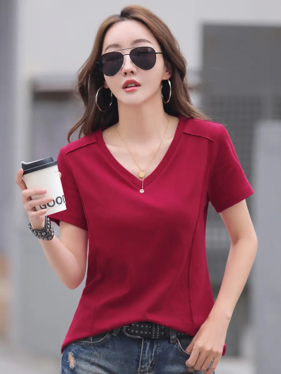 Women V Neck Pure Cotton Short Sleeve T-Shirt Brown Large - Image 6