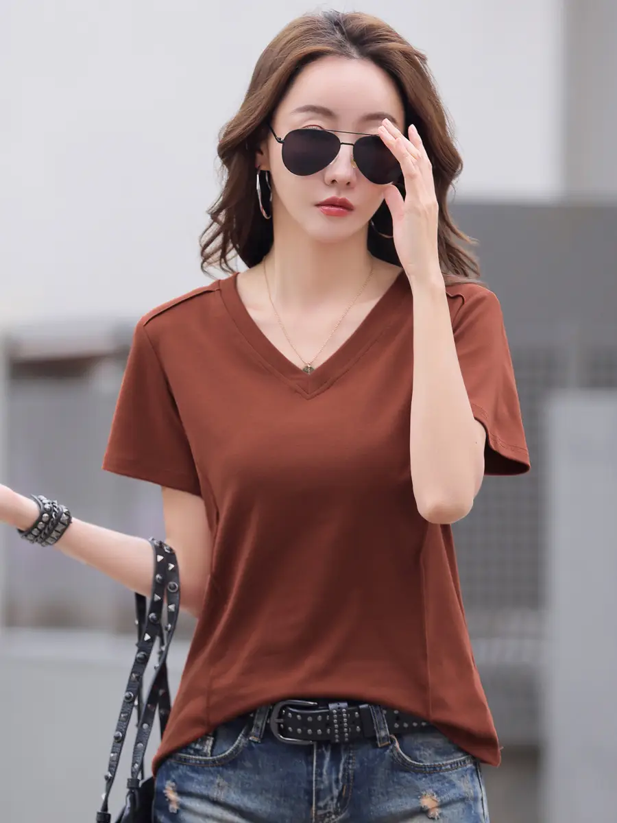 Women V Neck Pure Cotton Short Sleeve T-Shirt Brown Large - Image 7
