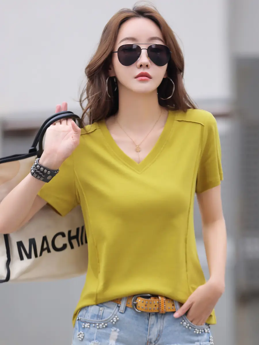 Women V Neck Pure Cotton Short Sleeve T-Shirt Brown Large - Image 8