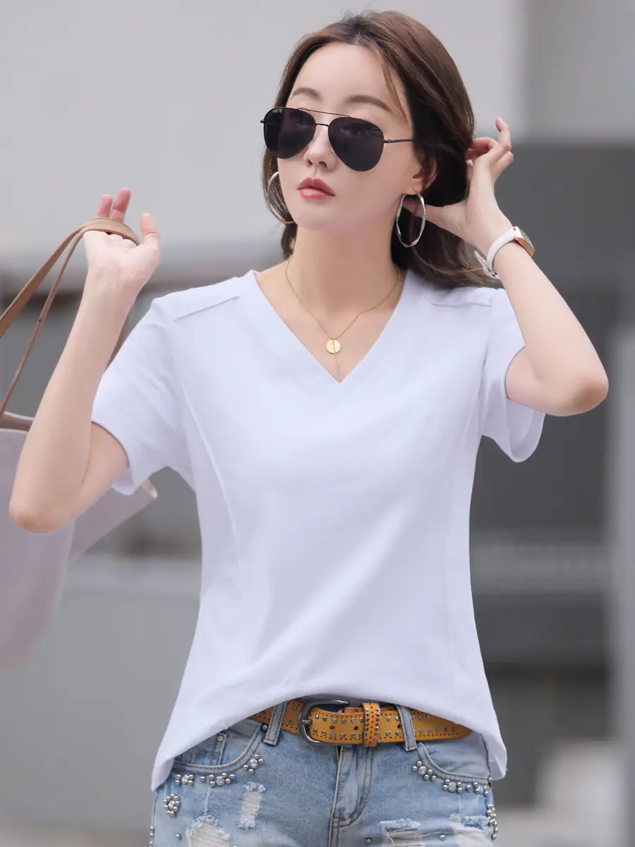 Women V Neck Pure Cotton Short Sleeve T-Shirt Brown Large - Image 9