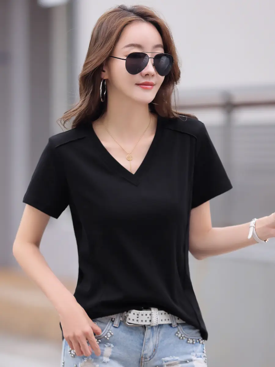 Women V Neck Pure Cotton Short Sleeve T-Shirt Brown Large - Image 10