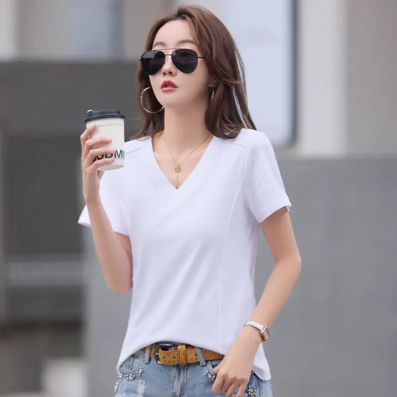 Women V Neck Pure Cotton Short Sleeve T-Shirt Brown Large - Image 2