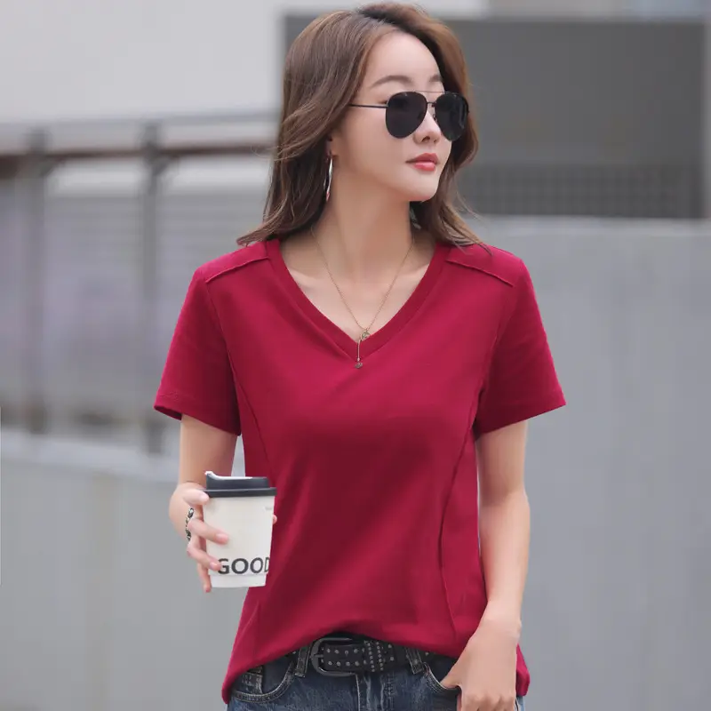 Women V Neck Pure Cotton Short Sleeve T-Shirt Brown Large - Image 3