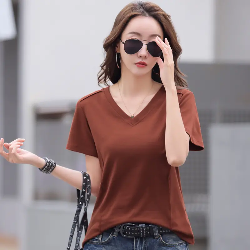 Women V Neck Pure Cotton Short Sleeve T-Shirt Brown Large - Image 5