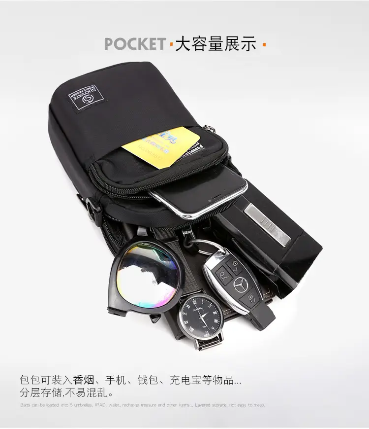 Men's One-Shoulder Crossbody Bag Black Travel Mobile Change Key Card — feature 12