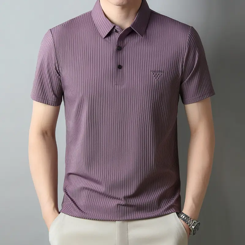 Men Purple Striped Polo Shirt Short Sleeve - Image 9