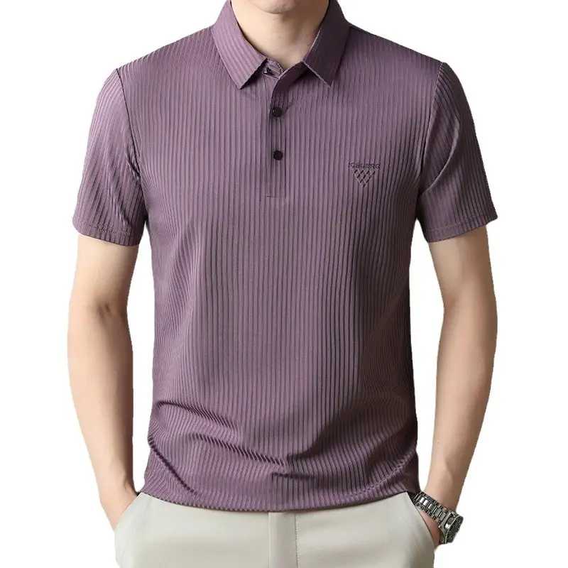 Men Purple Striped Polo Shirt Short Sleeve - Image 10
