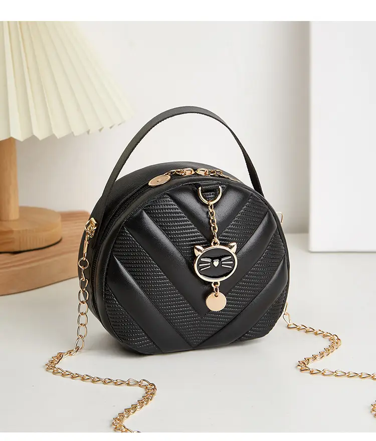 Women's V-Shape Embossed Bag with Cat Pendant — feature 15