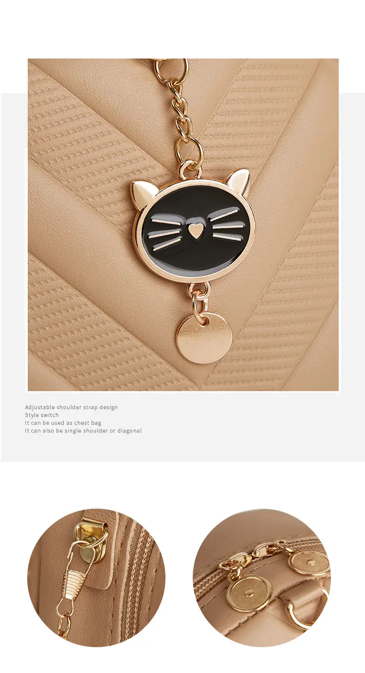 Women's V-Shape Embossed Bag with Cat Pendant — feature 3