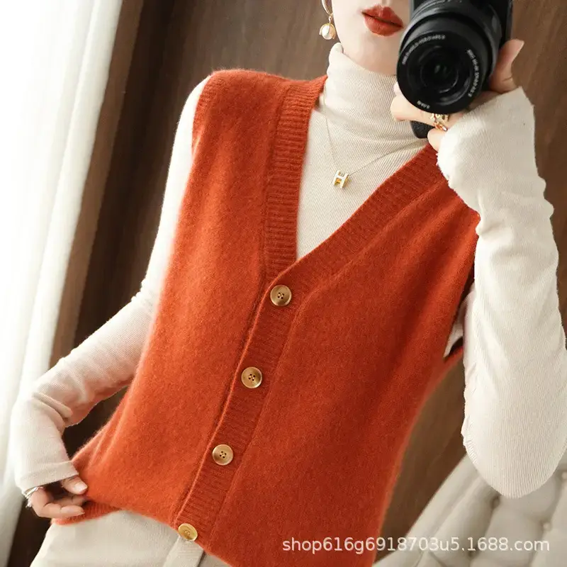 Women Knitted Orange Vest Cardigan Plus Size - Image 6