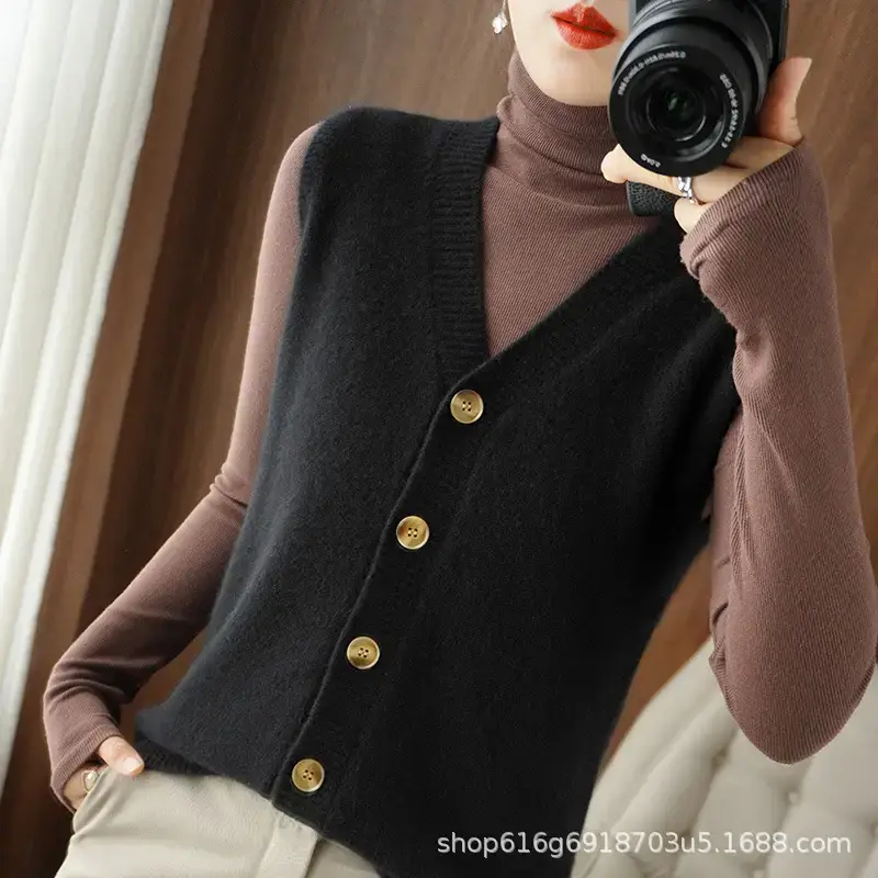 Women Knitted Orange Vest Cardigan Plus Size - Image 3