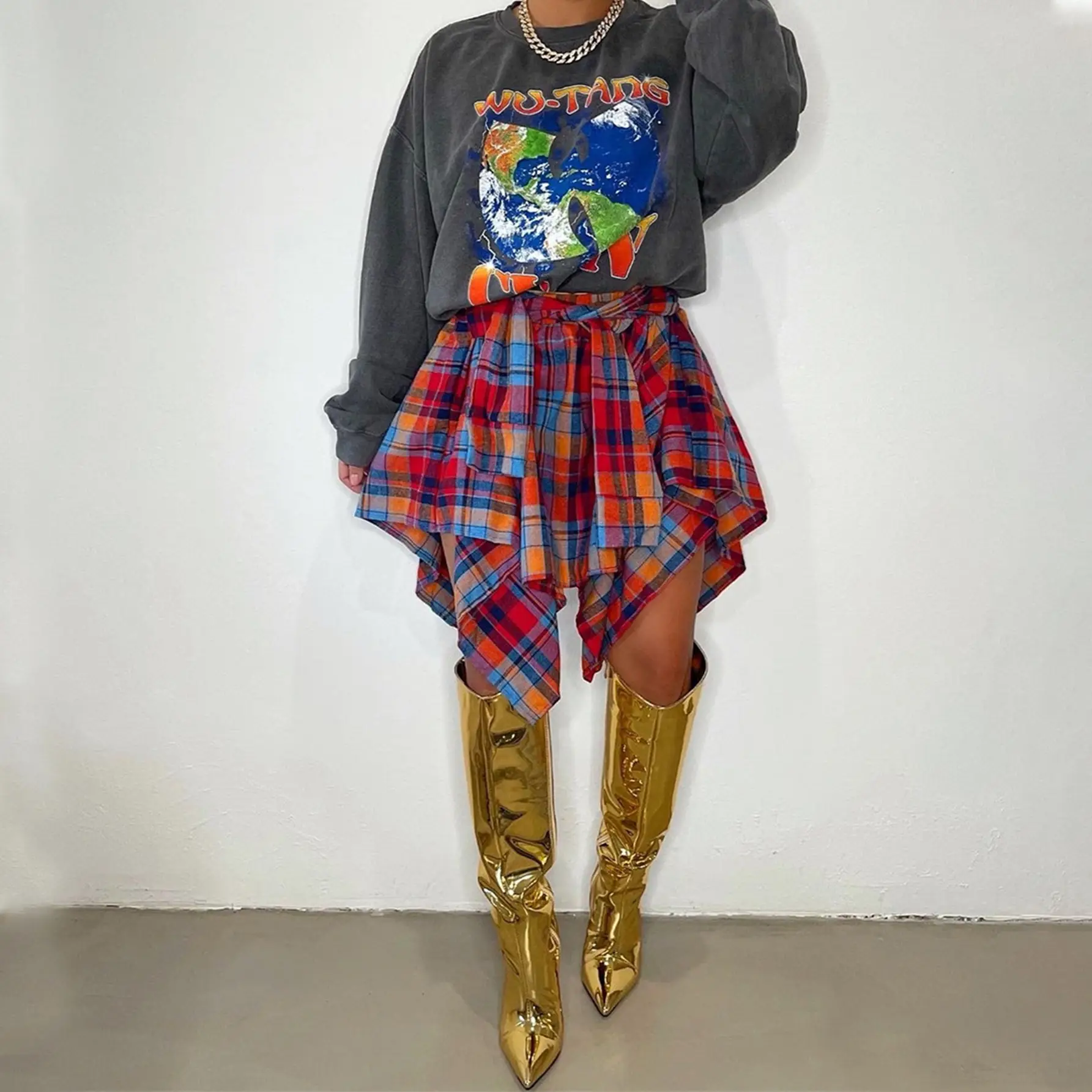 Women Crossbody Plaid Skirt & Gold Boots Set