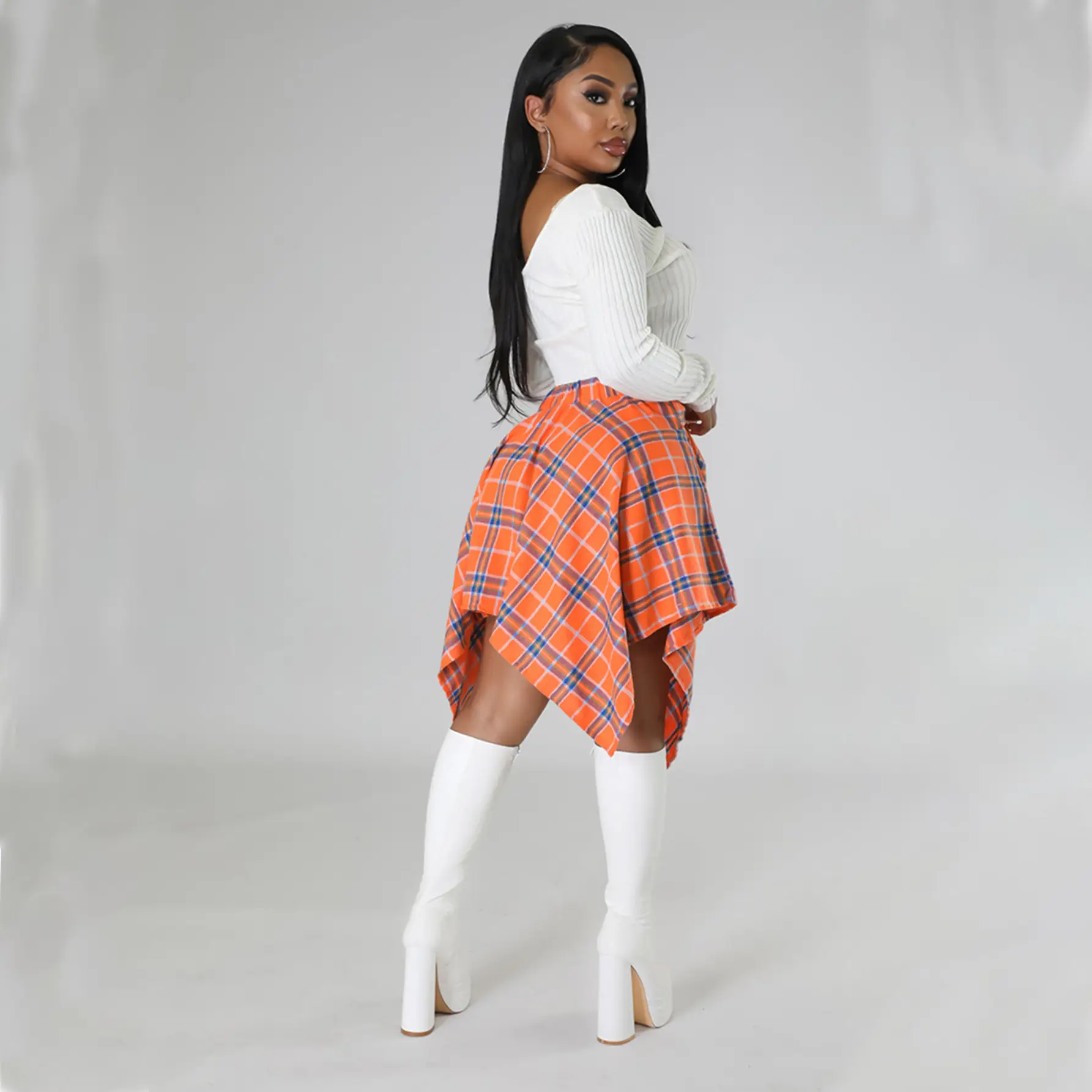 Women Crossbody Plaid Skirt & Gold Boots Set