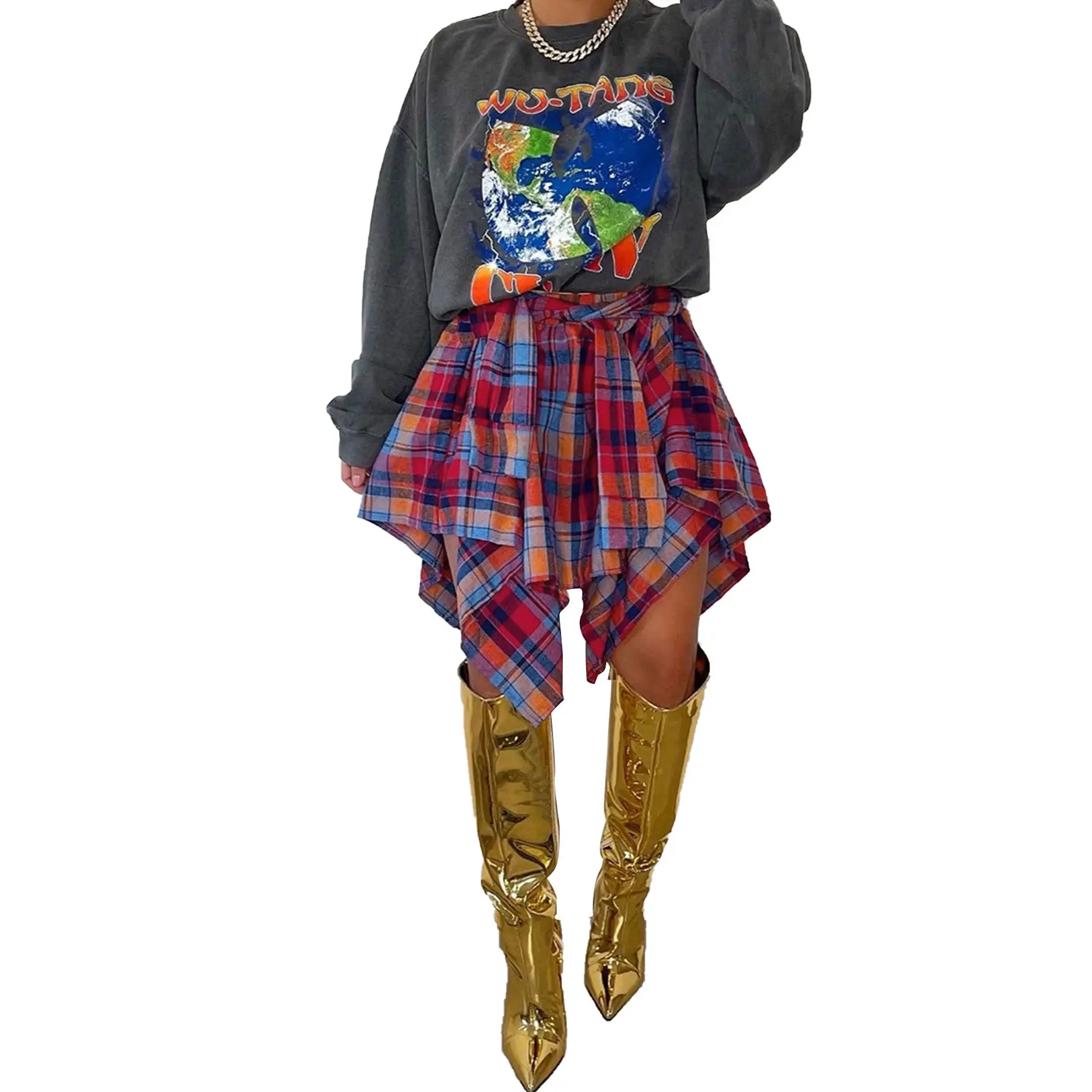 Women Crossbody Plaid Skirt & Gold Boots Set — feature 11