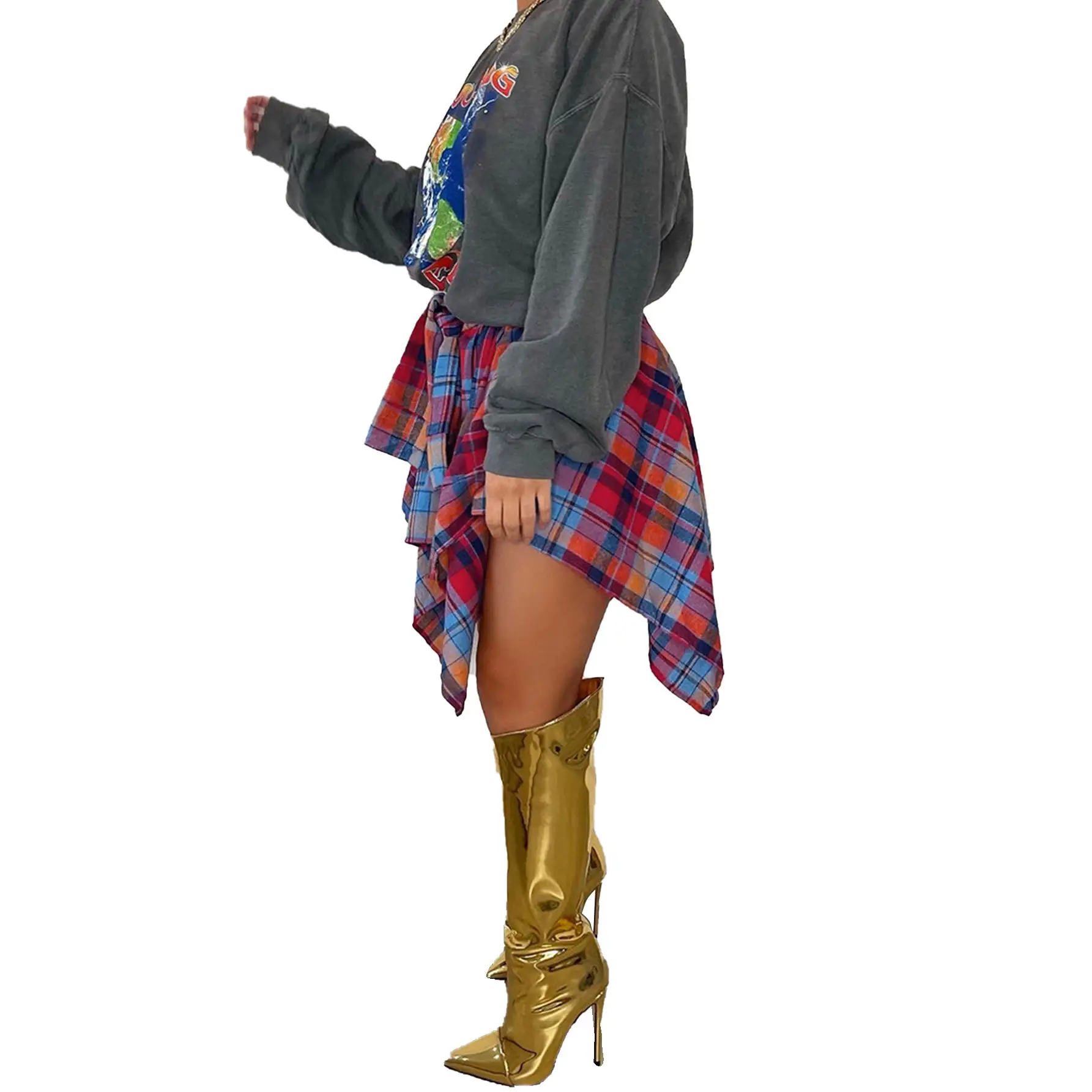 Women Crossbody Plaid Skirt & Gold Boots Set — feature 12