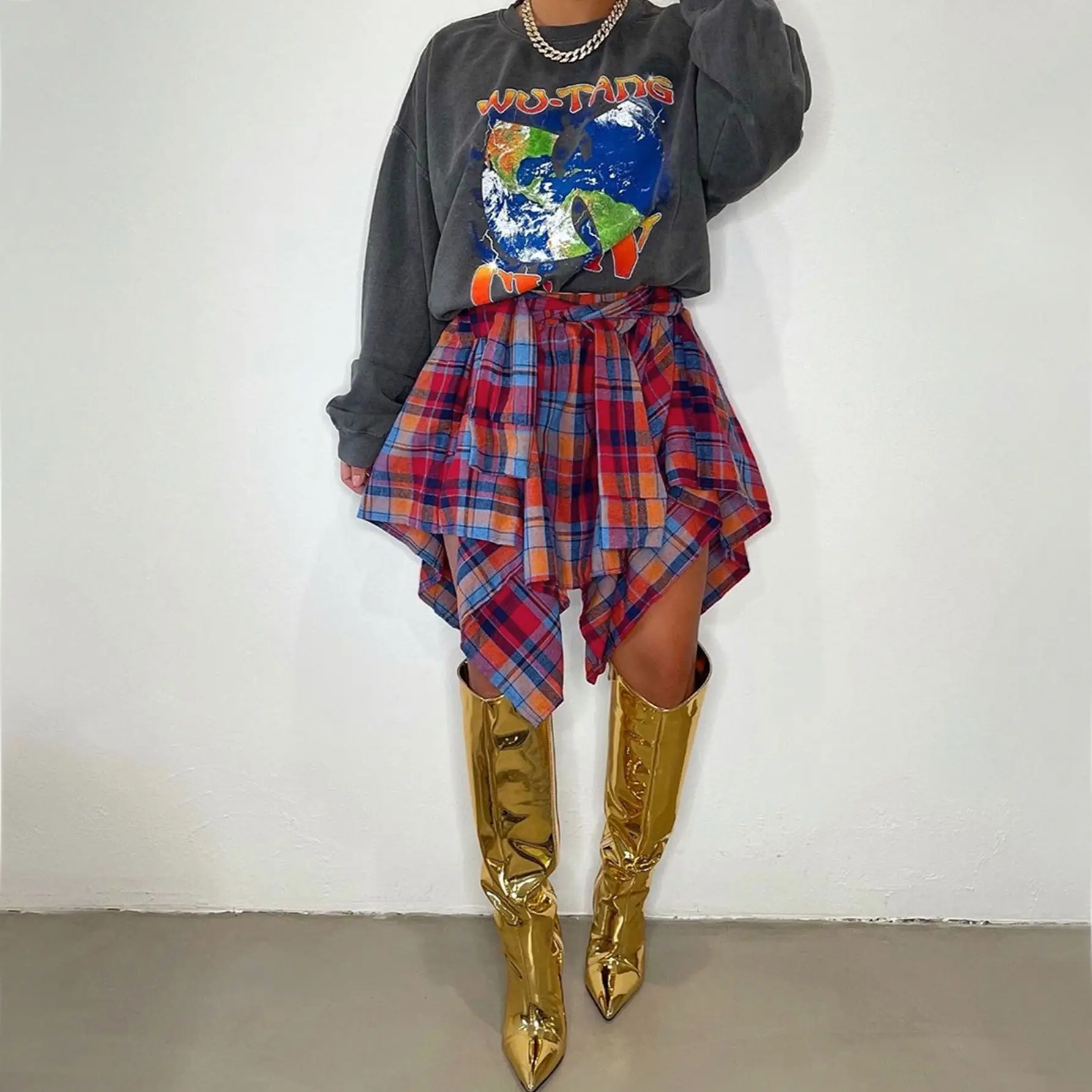 Women Crossbody Plaid Skirt & Gold Boots Set — feature 15
