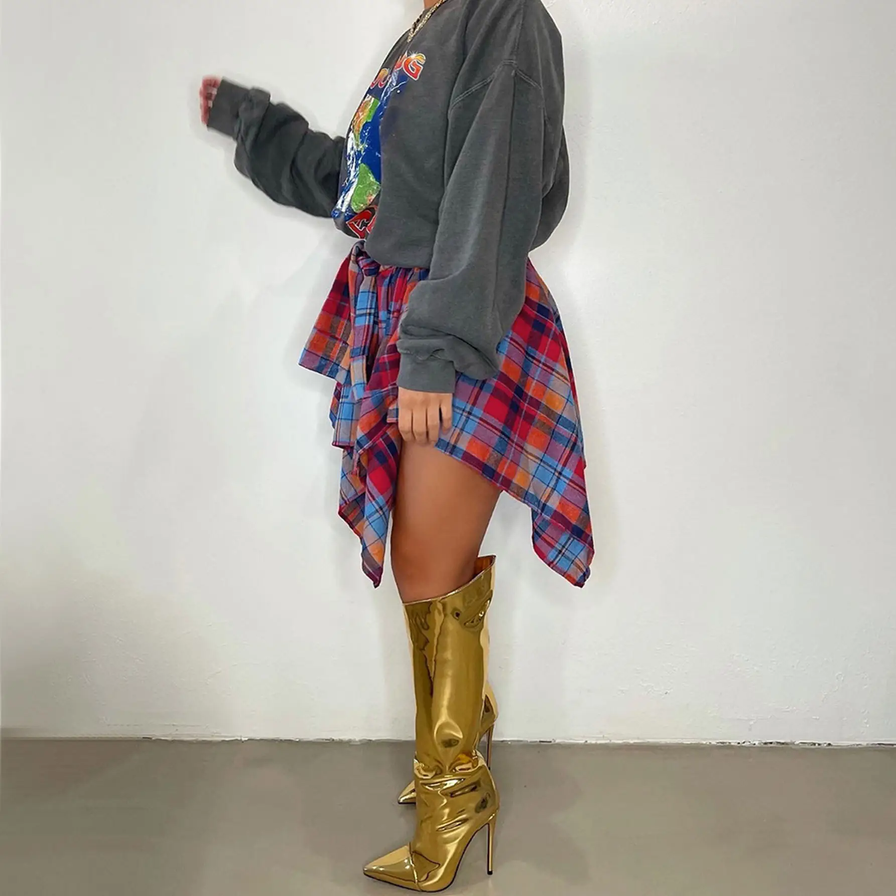 Women Crossbody Plaid Skirt & Gold Boots Set — feature 16