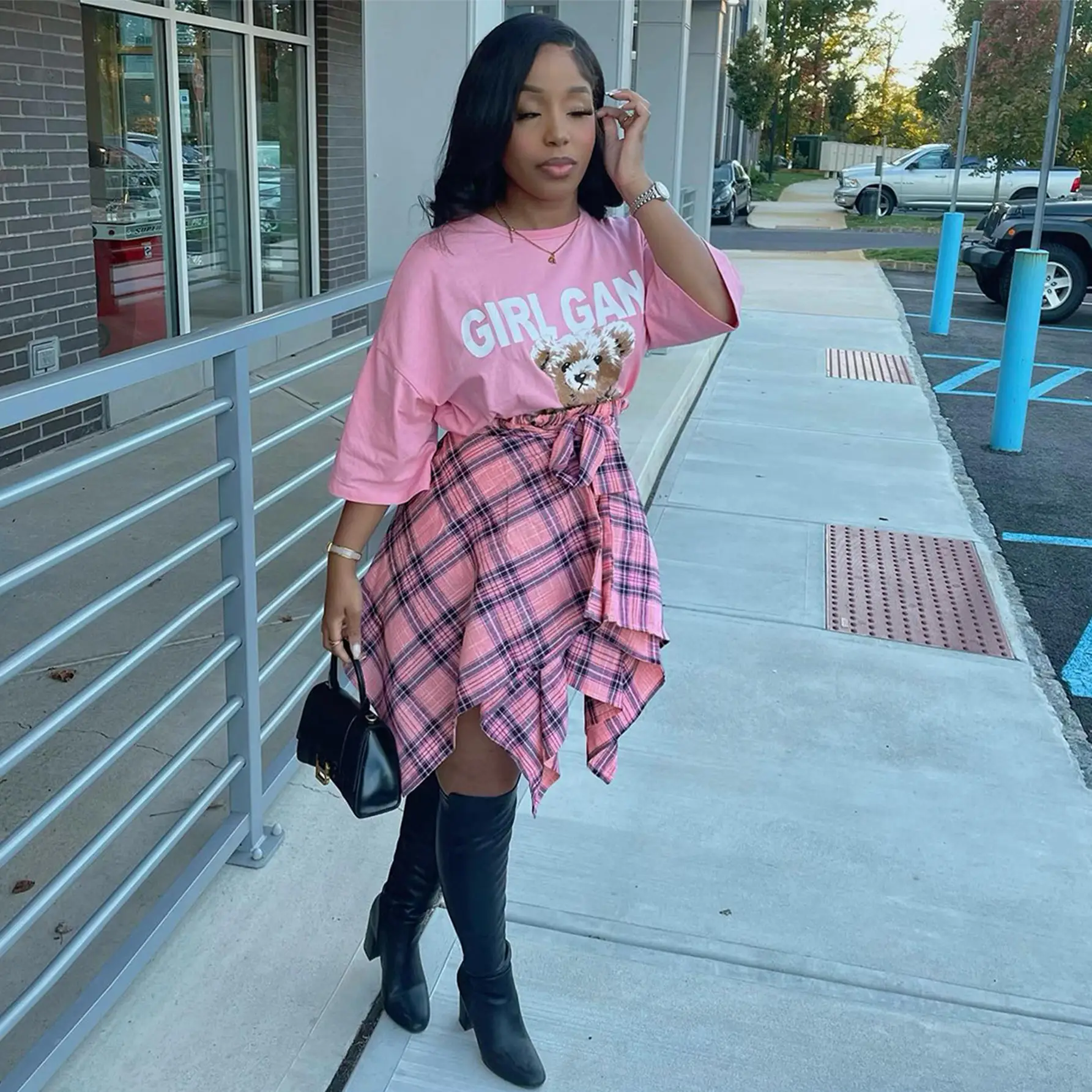 Women Crossbody Plaid Skirt & Gold Boots Set — feature 36