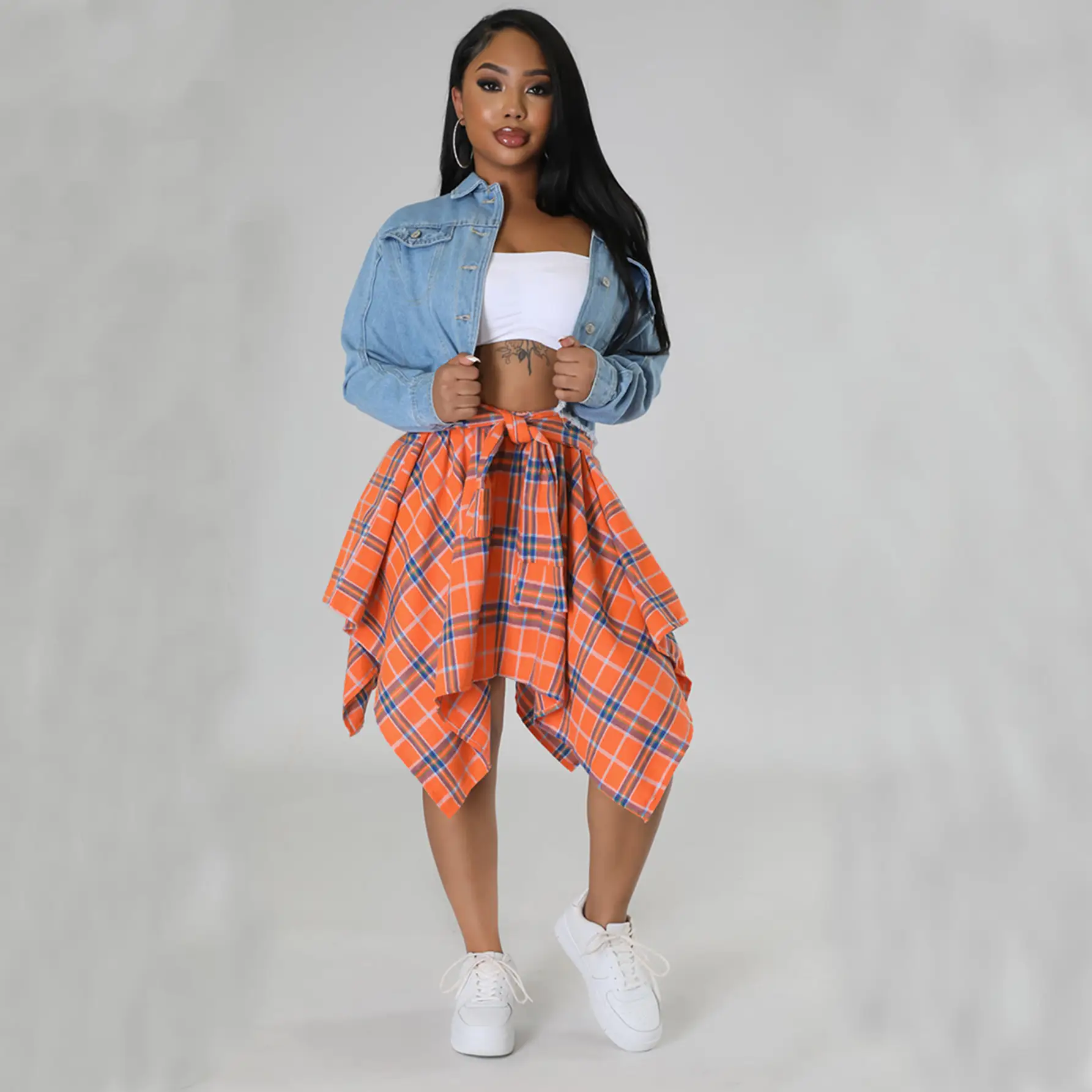 Women Crossbody Plaid Skirt & Gold Boots Set — feature 38