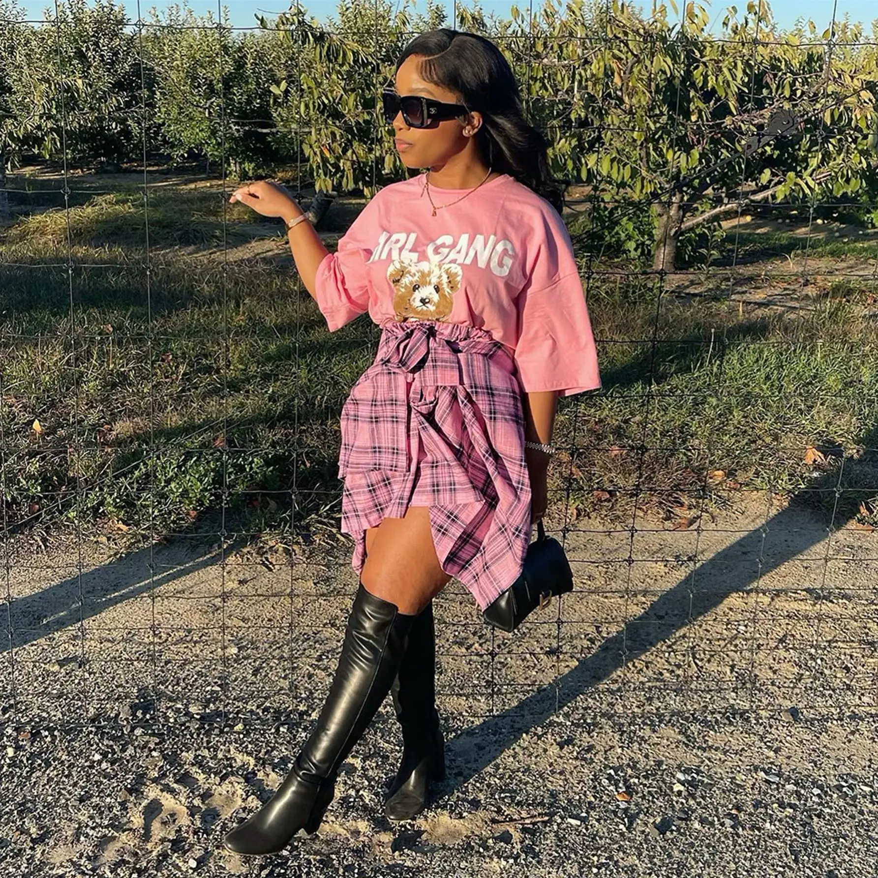Women Crossbody Plaid Skirt & Gold Boots Set — feature 39