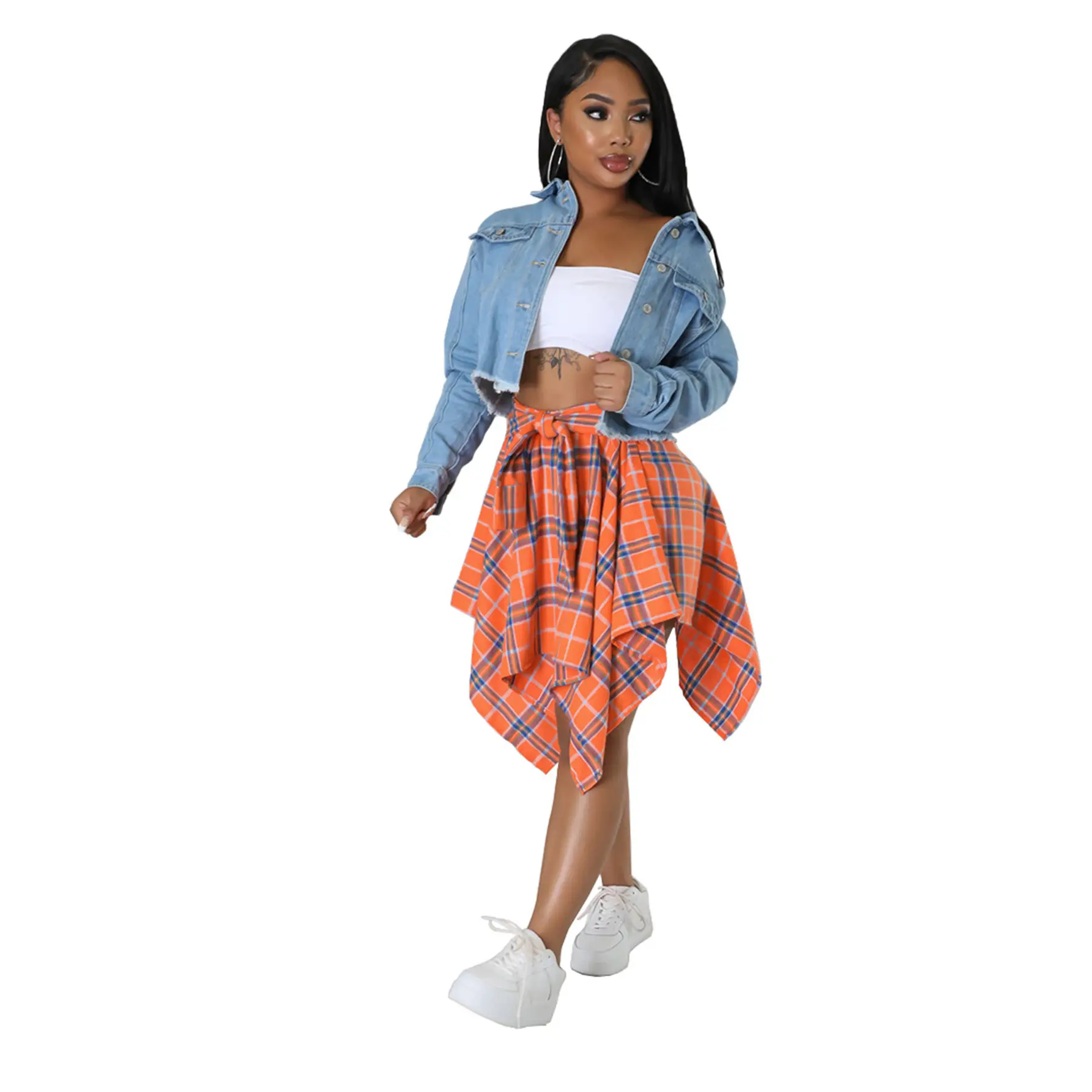 Women Crossbody Plaid Skirt & Gold Boots Set — feature 9