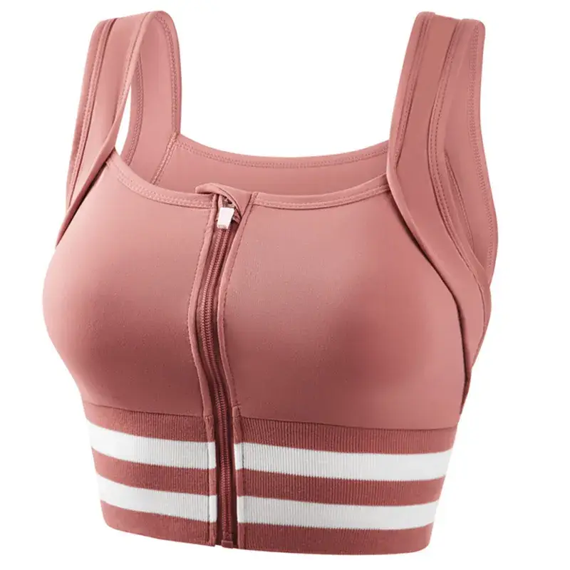Front Zipper Yoga Bra for Women, Pink with White Stripes