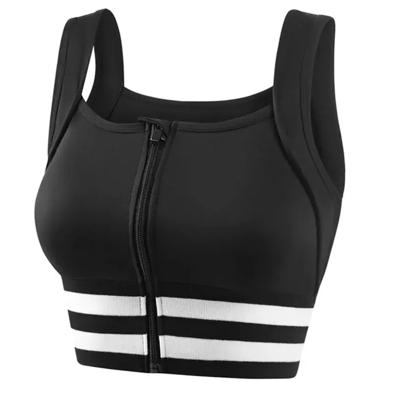 Front Zipper Yoga Bra for Women, Pink with White Stripes